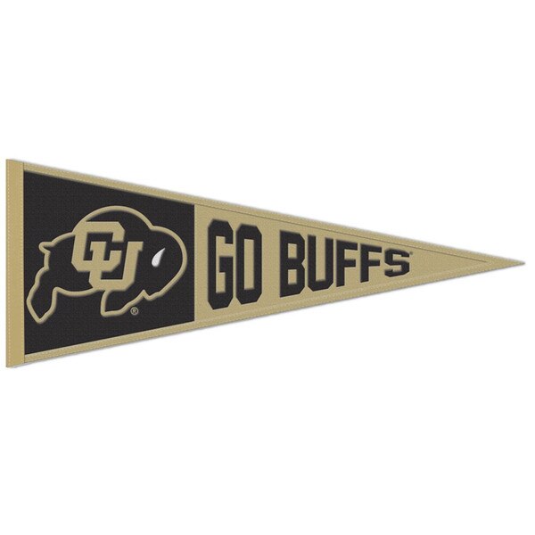 Colorado Buffaloes felt pennant featuring bold 'Go Buffs' lettering and CU Buffalo logo in black and gold.